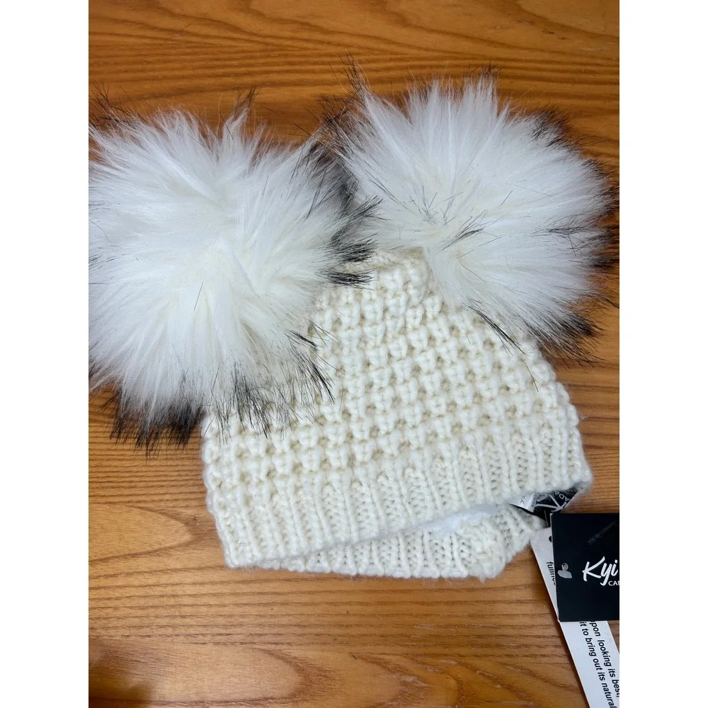 KYI KYI Beanie Hat Toddler Girls Ivory White Knit Winter Faux Fur Pom Pom